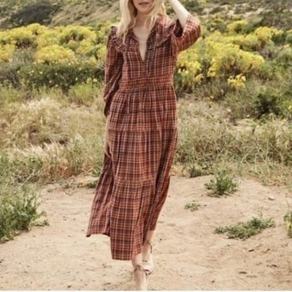 Doen Dresses & Skirts - DOEN Honey Dress Midi Maxi Blue Autumn Plaid Prairie Boho Orange Red Women's S